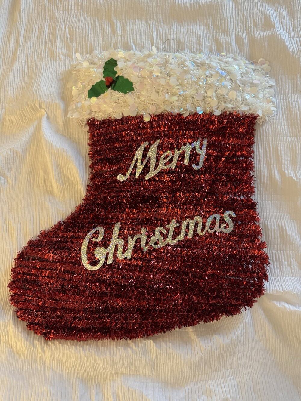 Red Tinsel Stocking Merry Christmas Holiday Decoration Holly Berry Decoration